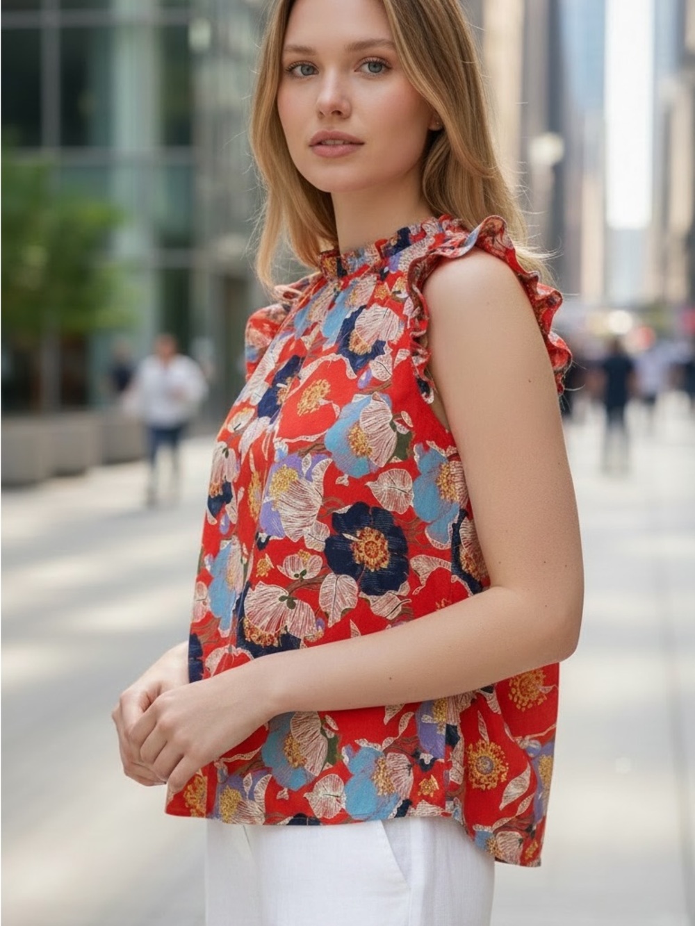 S- Floral Ruffle Mock-Neck Shell Top - Red Floral